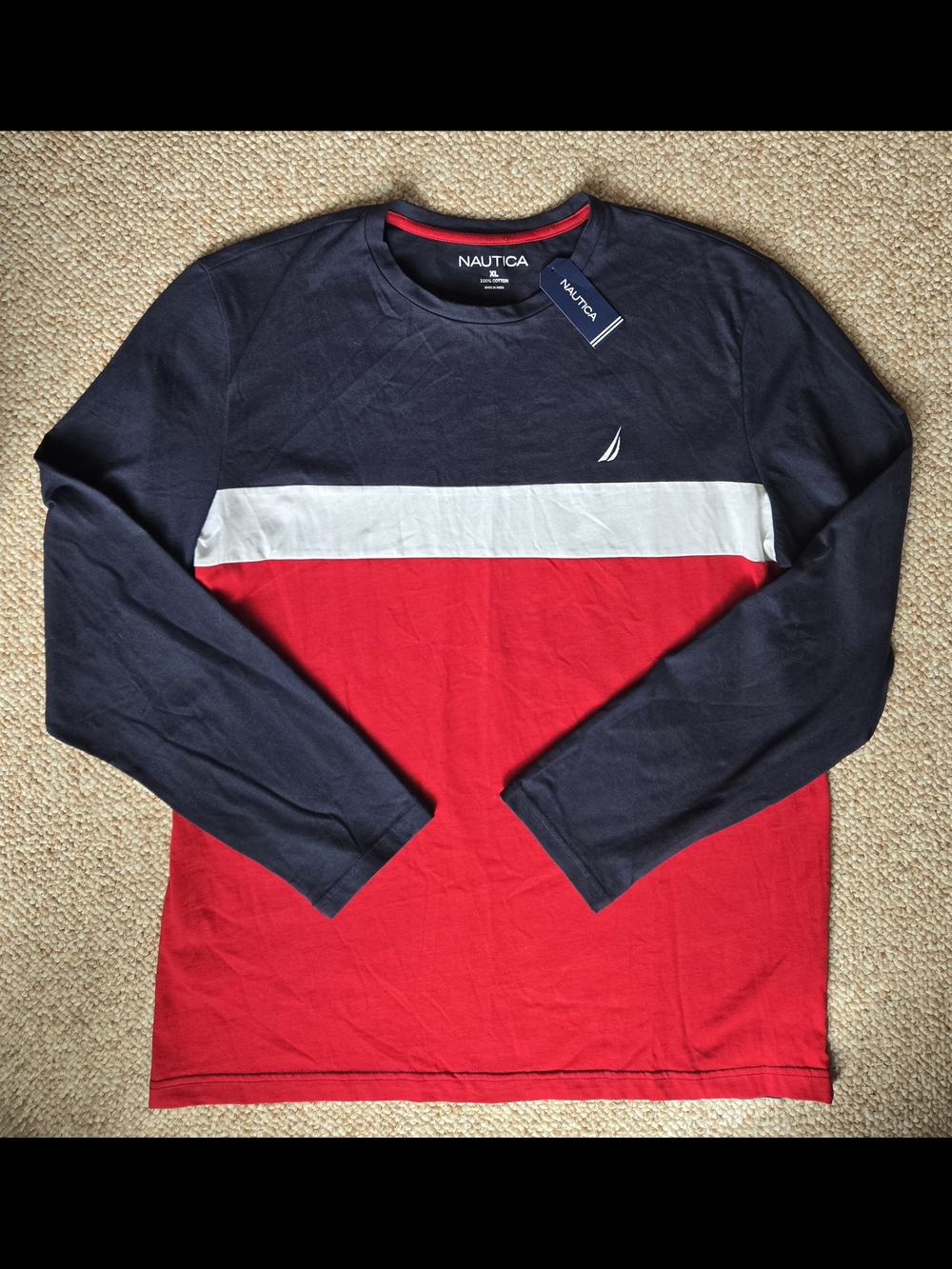 Nautica Men's Long Sleeve Colorblock Crew Neck Shirt - Navy/White/Red
